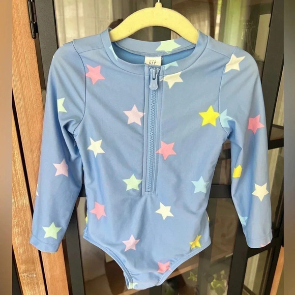 GAP One piece swimsuit zipper stars long sleeve rashguard toddler girl rainbow - Picture 1 of 5